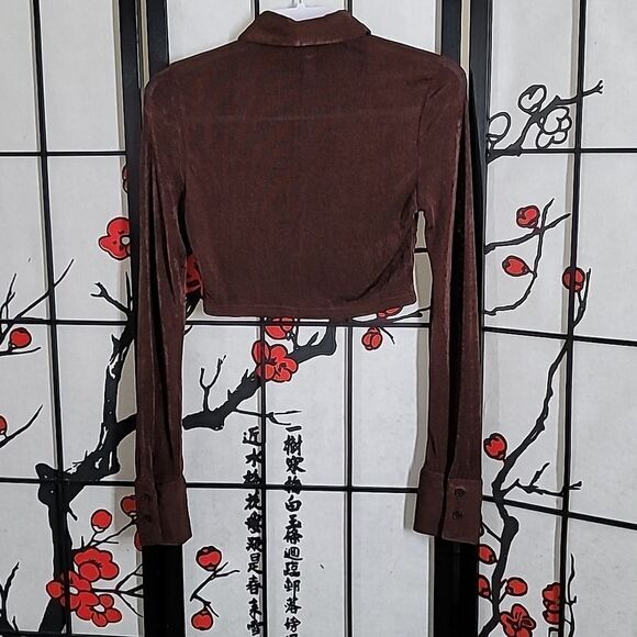 Beige Botany Cropped Slinky Brown Ruched Button Up - Picture 5 of 7